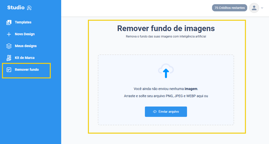 Imagem mostra que ao clicar na seção "Remover fundo de imagens" abre a tela para enviar o arquivo