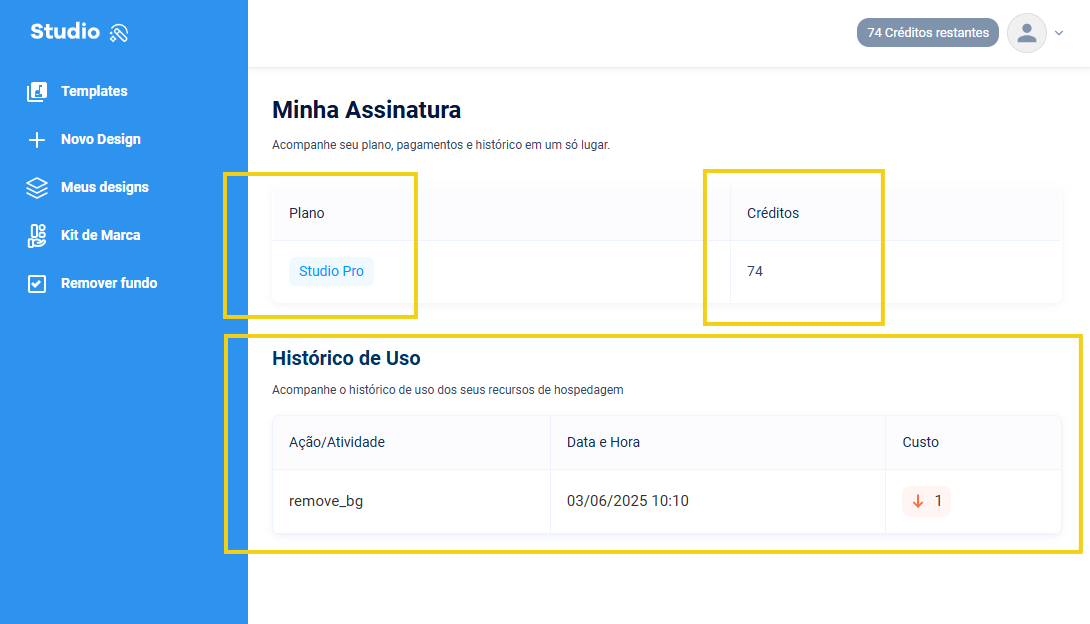 Imagem mostra a tela de "Minha assinatura" em que pode visualizar o plano atual, os créditos e o histórico