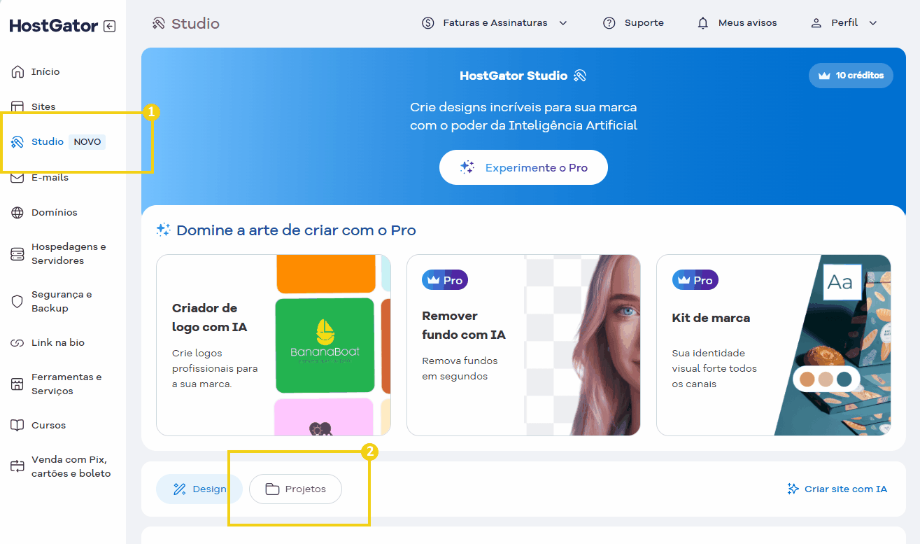 Imagem do Portal do Cliente mostrando o acesso ao Studio e em Projetos para abrir os templates