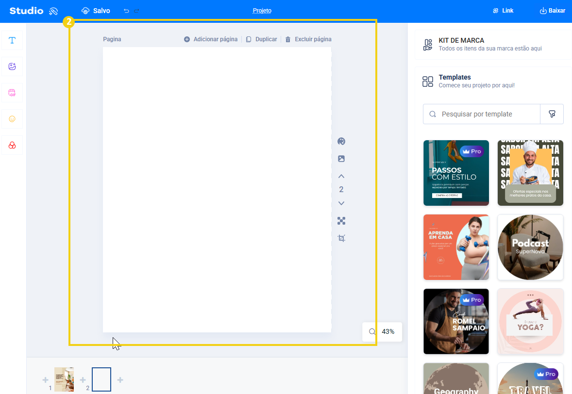 Imagem de uma tela de edição de projeto, mostrando opções de pagina, adicionar, duplicar e excluir, com destaque para o widget de templates à direita.