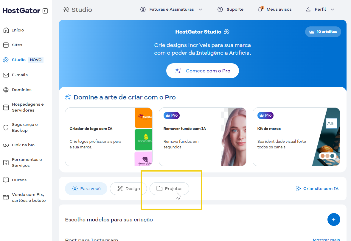 imagem mostrando o botão de projetos para ir para a plataforma do studio