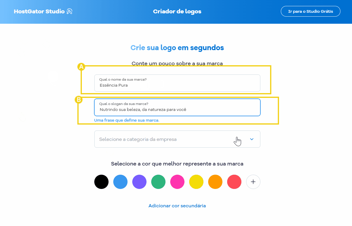 Tela do site HostGator Studio criado para ajudar na criação de logotipos rapidamente, exibindo opções de nome, slogan, categorias e cores.