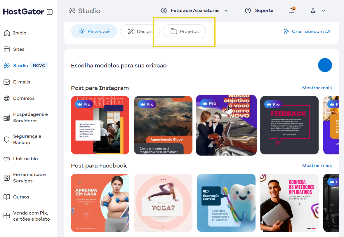 imagem do pagina principal do studio dentro do portal destacando o botão projetos