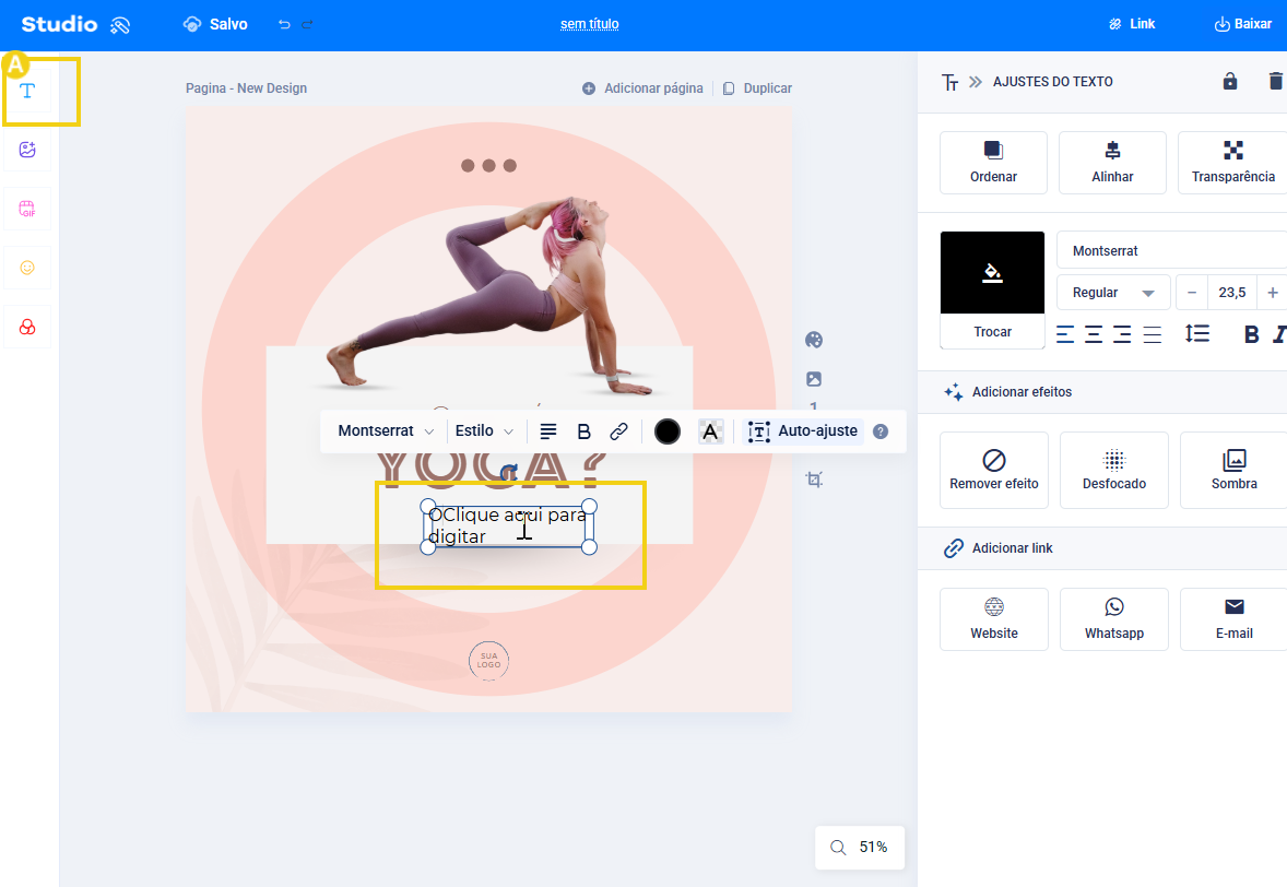imagem destacando o botão de texto para adicionar um no modelo