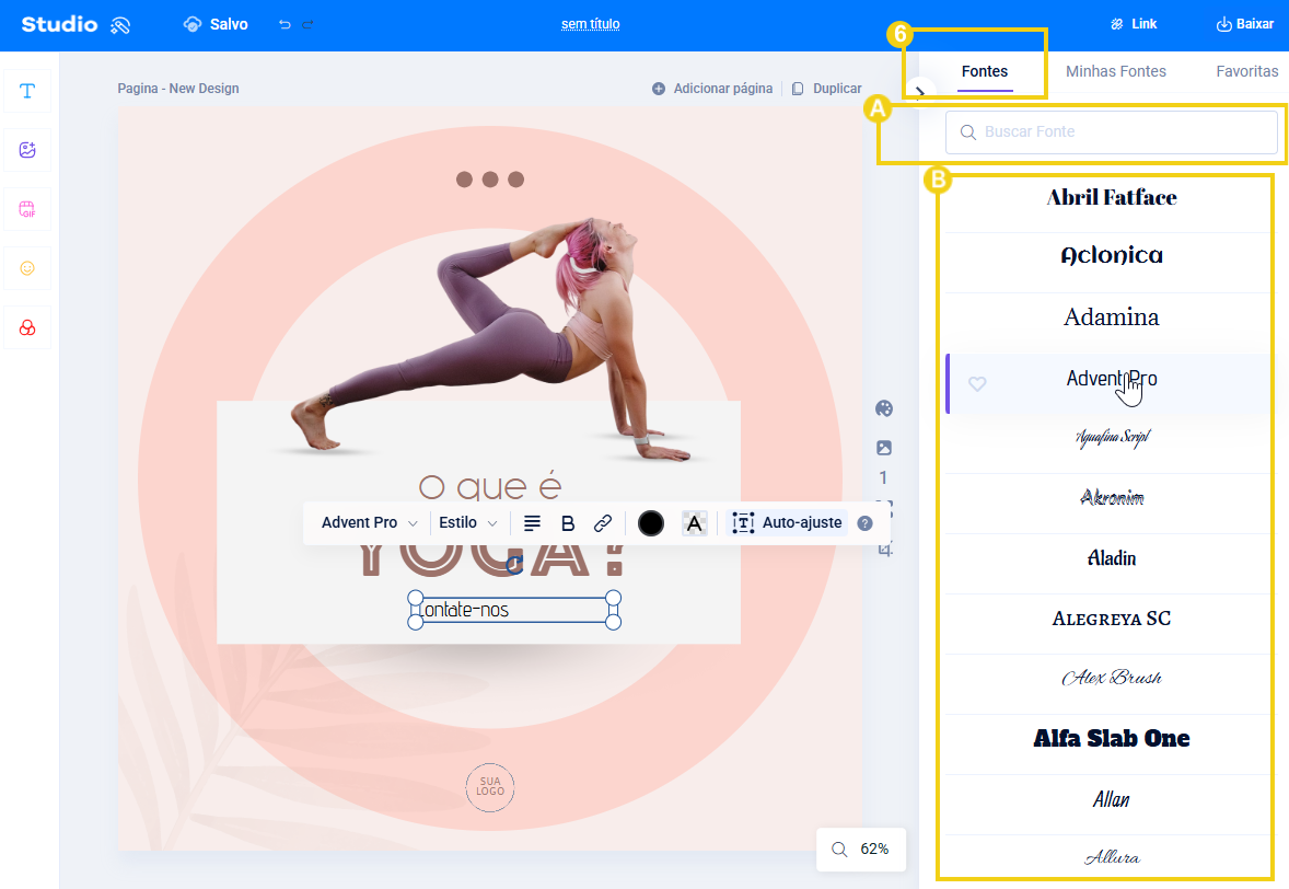 imagem destacando dentro do editor as fontes predefinidas