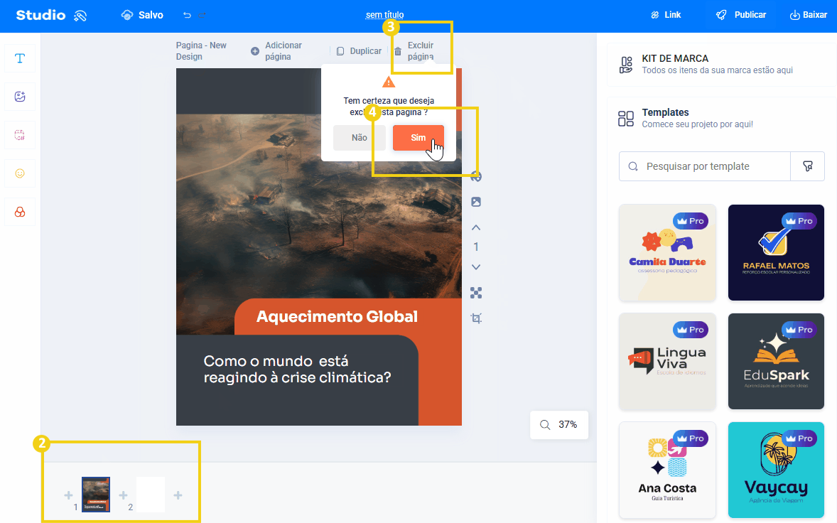 imagem mostrando dentro do editor como deletar uma página sem excluir todo o projeto