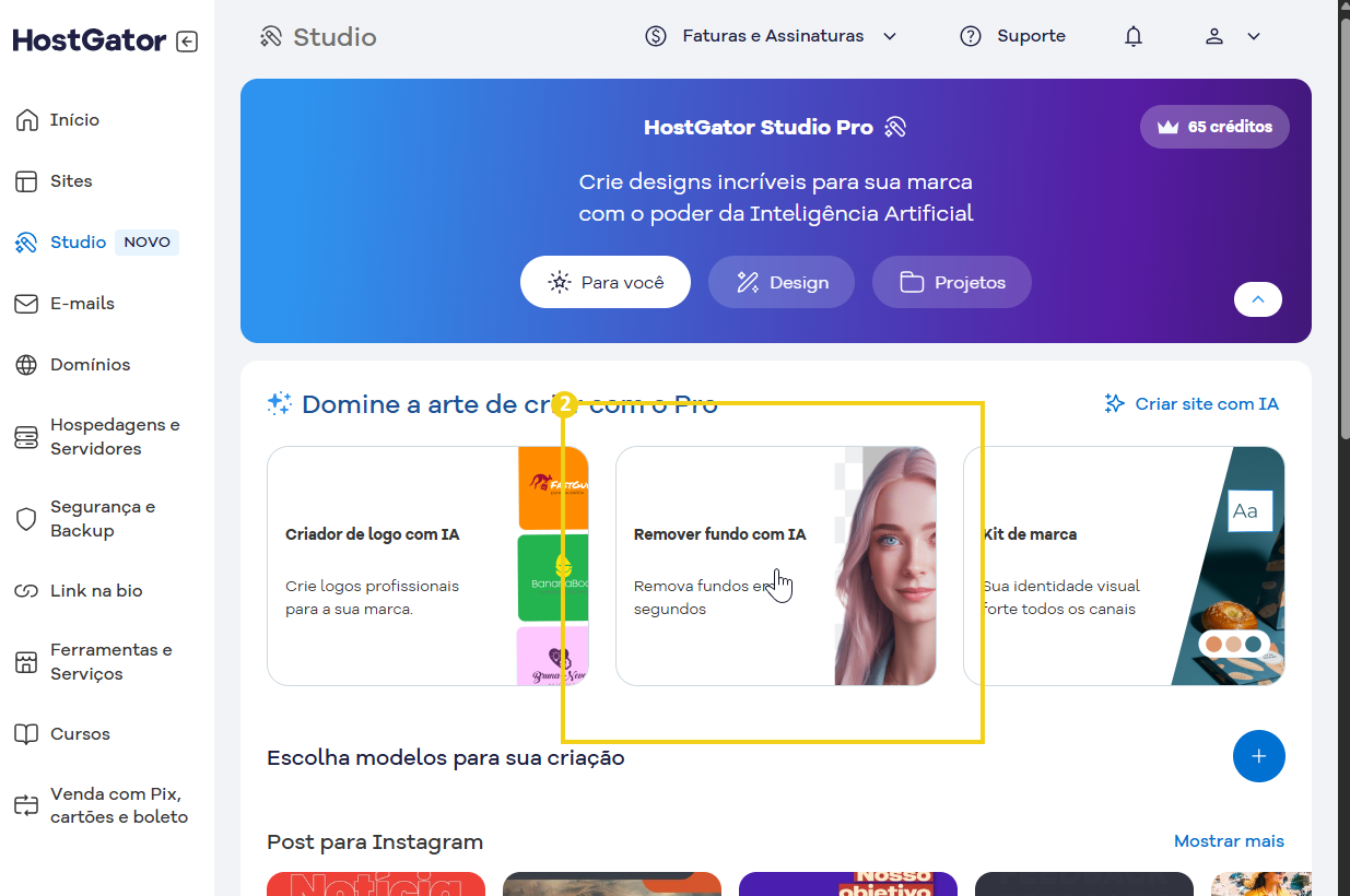 Imagem do portal do cliente na parte do studio destacando o remover fundo com IA