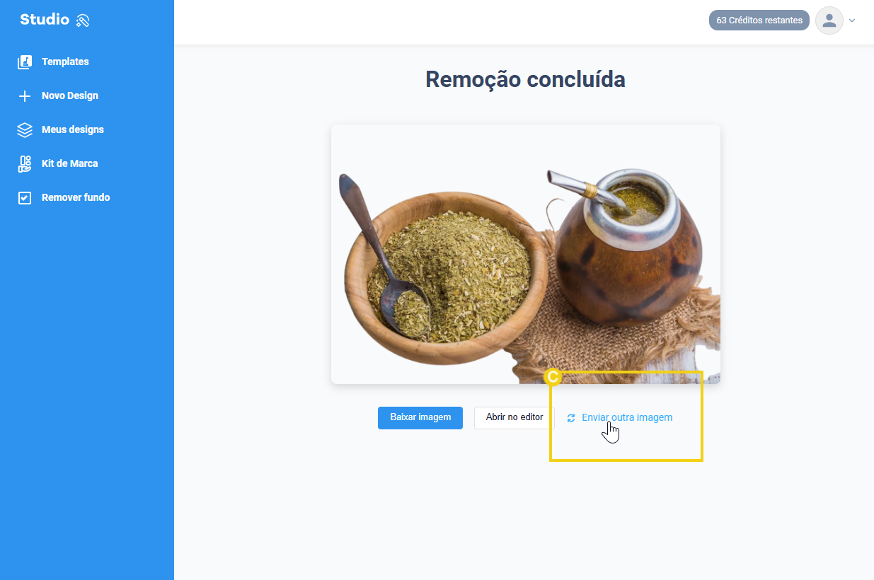 imagem do painel de studio na parte de remoção da imagem destacando o enviar outra imagem