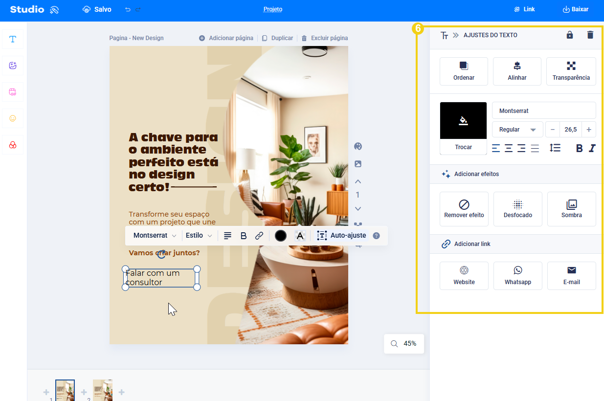 tela do editor do template destacando o menu para fazer os ajuste do texto