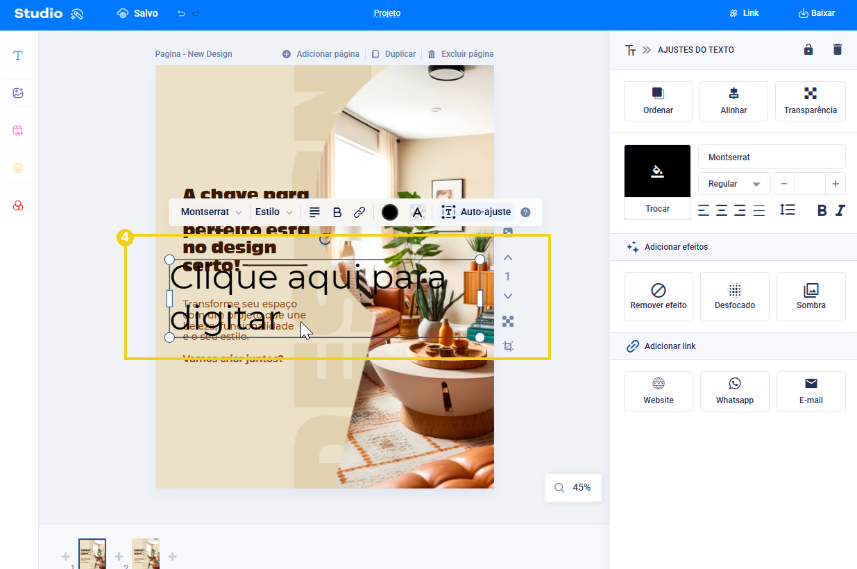 Tela com o template dentro do editor mostrando a caixa de texto adicionada