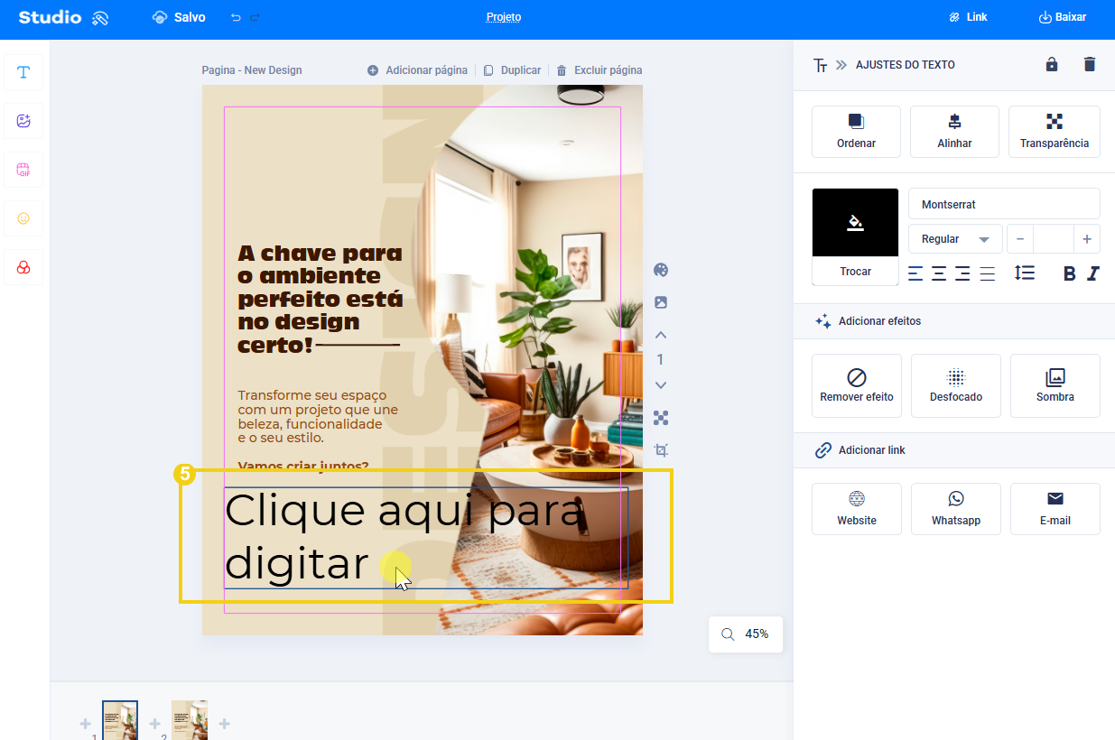Tela mostrando o template e a posição da caixa de texto