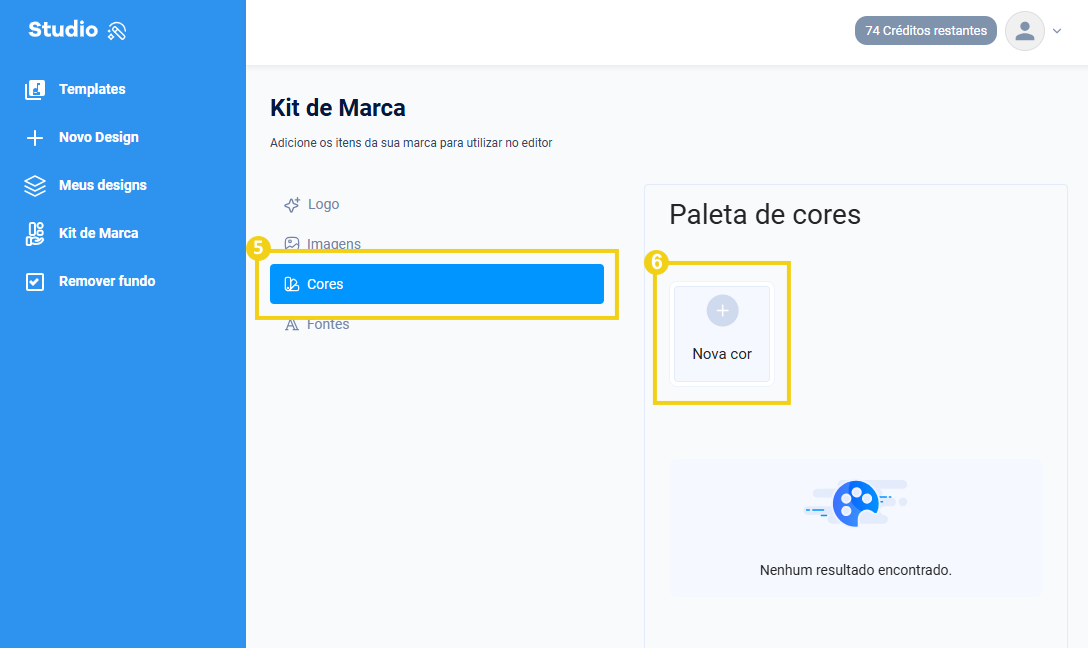 Imagem mostra que em "Kit-de-marca" deve-se clicar em "Cores" e depois em "Nova cor"