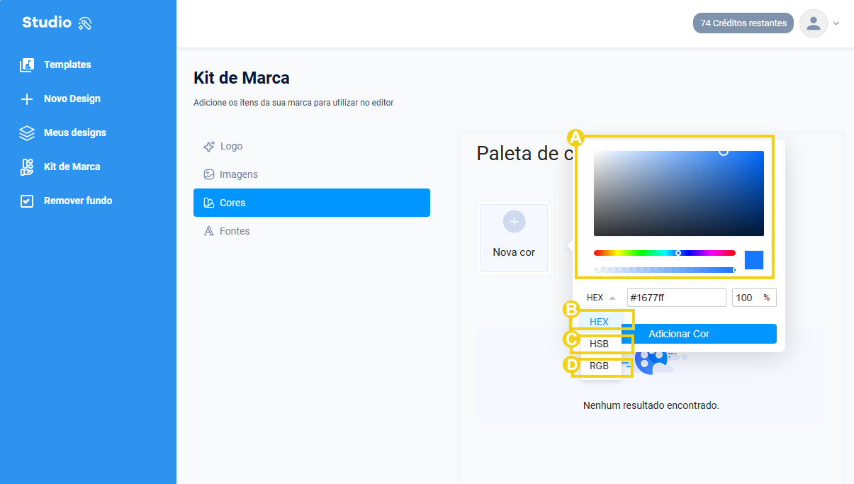 Imagem mostra a tela que aparece com as opções para configurar as cores