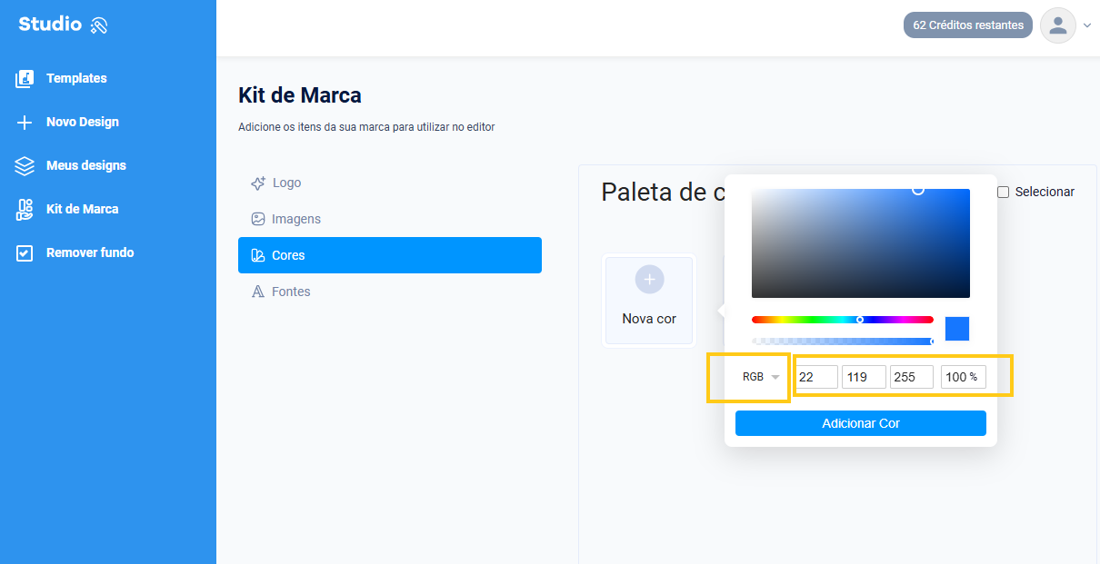 tela do studio na parte de kit da marca, destacando a seleção de cor pelo RGB