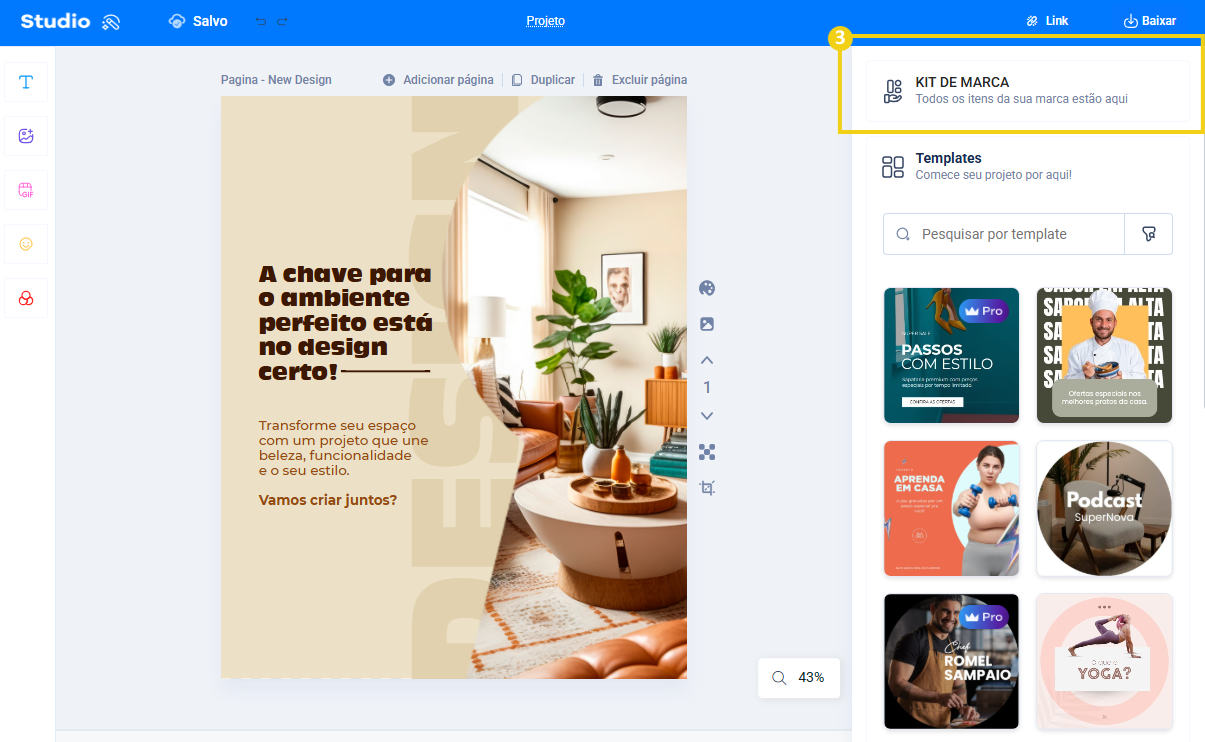 Imagem mostra que na tela do editor tem uma seção específica para configurar o Kit de marca