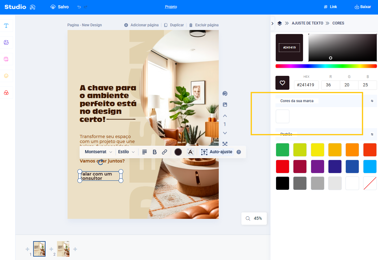 Tela do studio, em ajuste de texto cores da sua marca