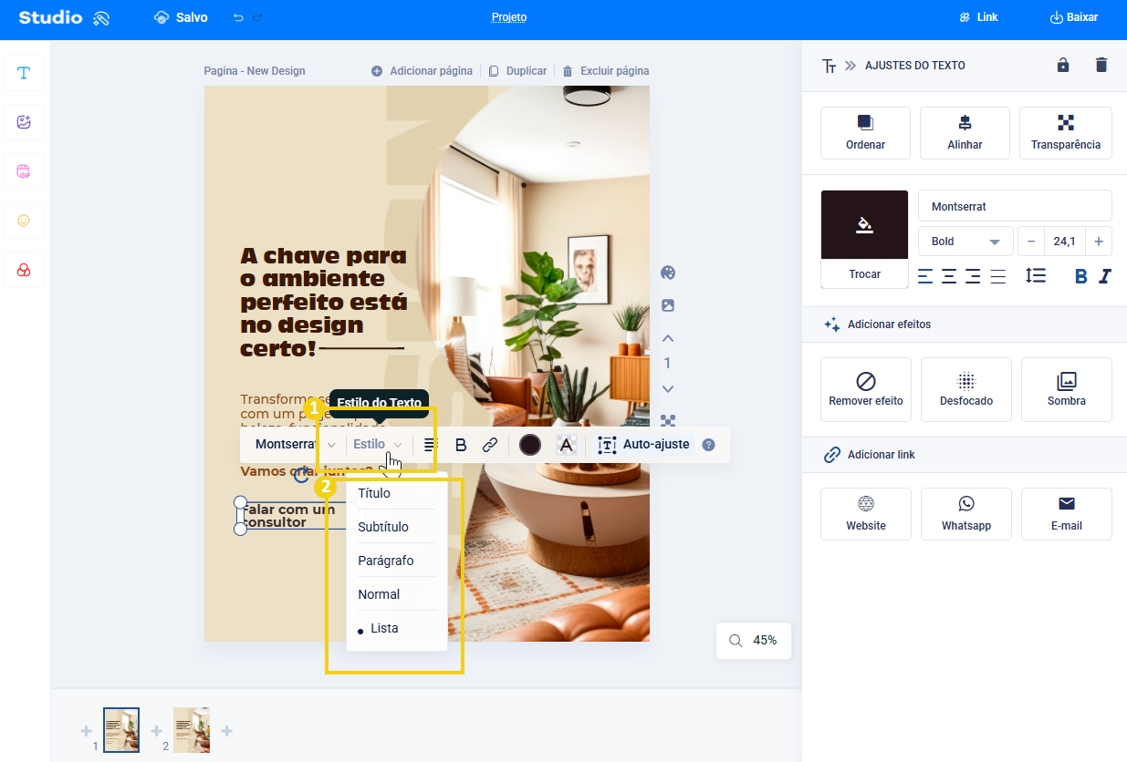 Tela do editor do studio destacando no texto o estilo para selecionar alguma opção