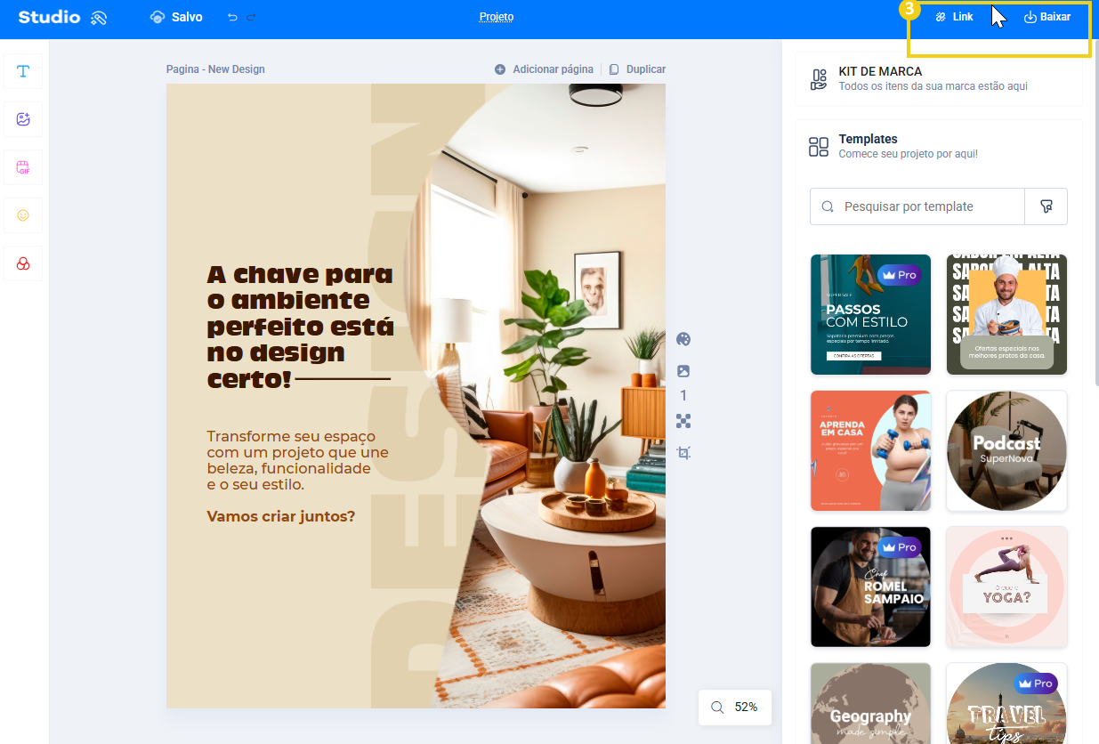 Tela do editor do studio destacando no menu superior o link e baixar