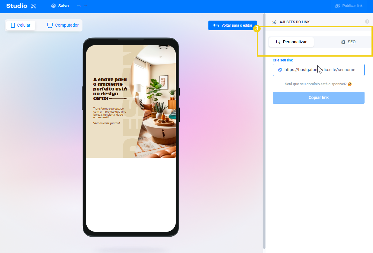 Imagem do painel de estudio mostrando os ajustes de link destacando o personalizar para criar uma url