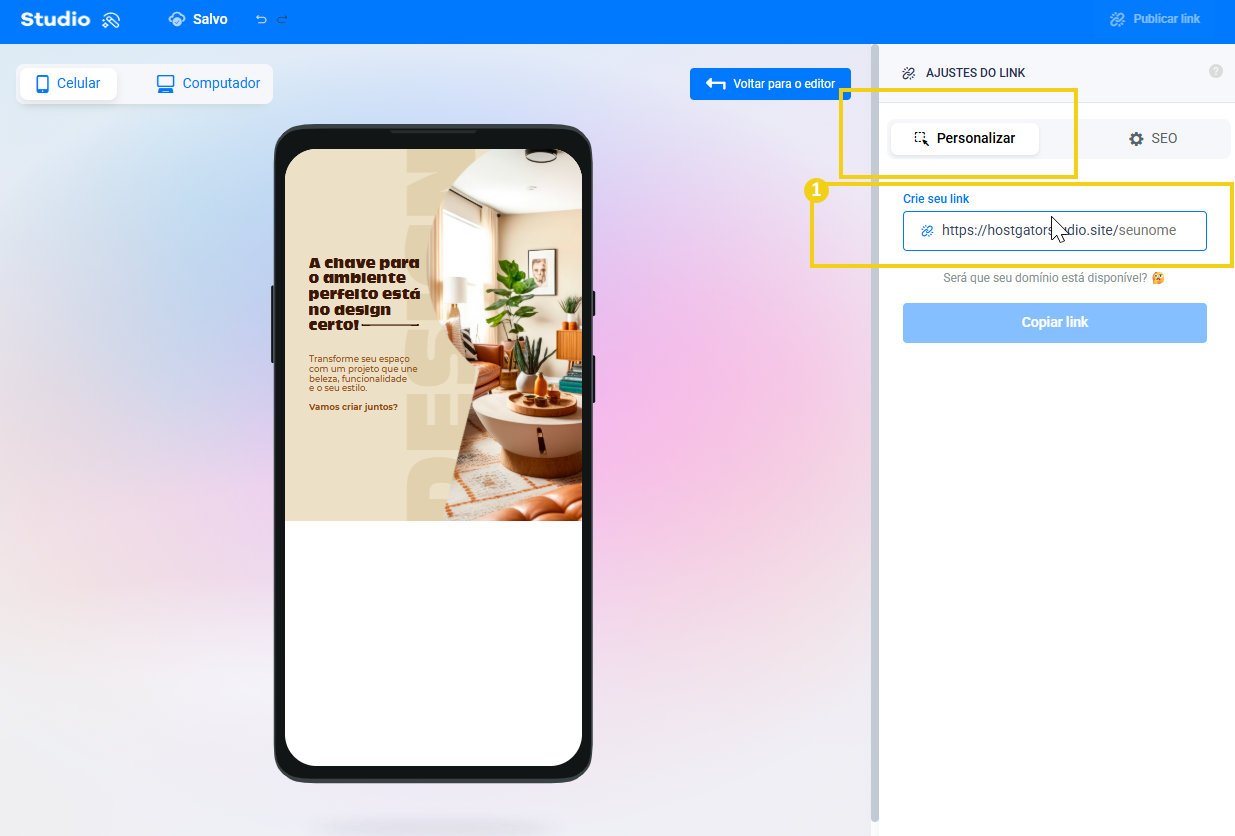 Imagem do painel de studio destacando a personalização para gerar o link do template