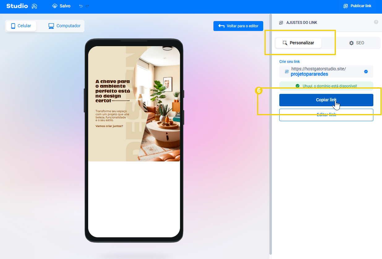 Imagem do painel mostrando o link gerado do template para copiar o link