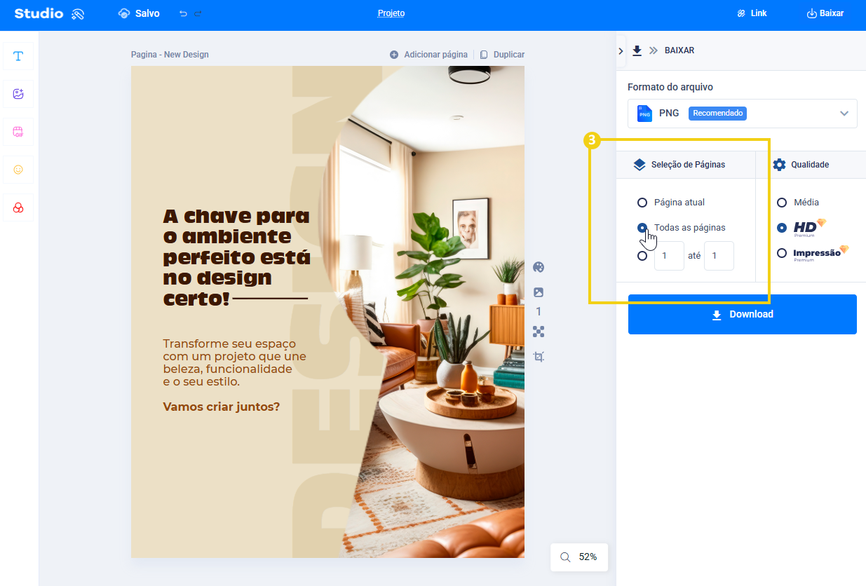 Imagem mostrando no editor o menu lateral esquerdo destacando a seleção de páginas