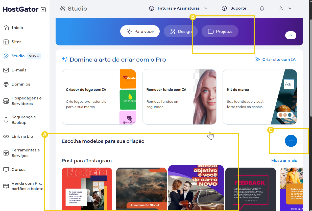 Tela de programa de criação de logos com inteligência artificial no site do HostGator, mostrando opções de design, projetos, e modelos para redes sociais.
