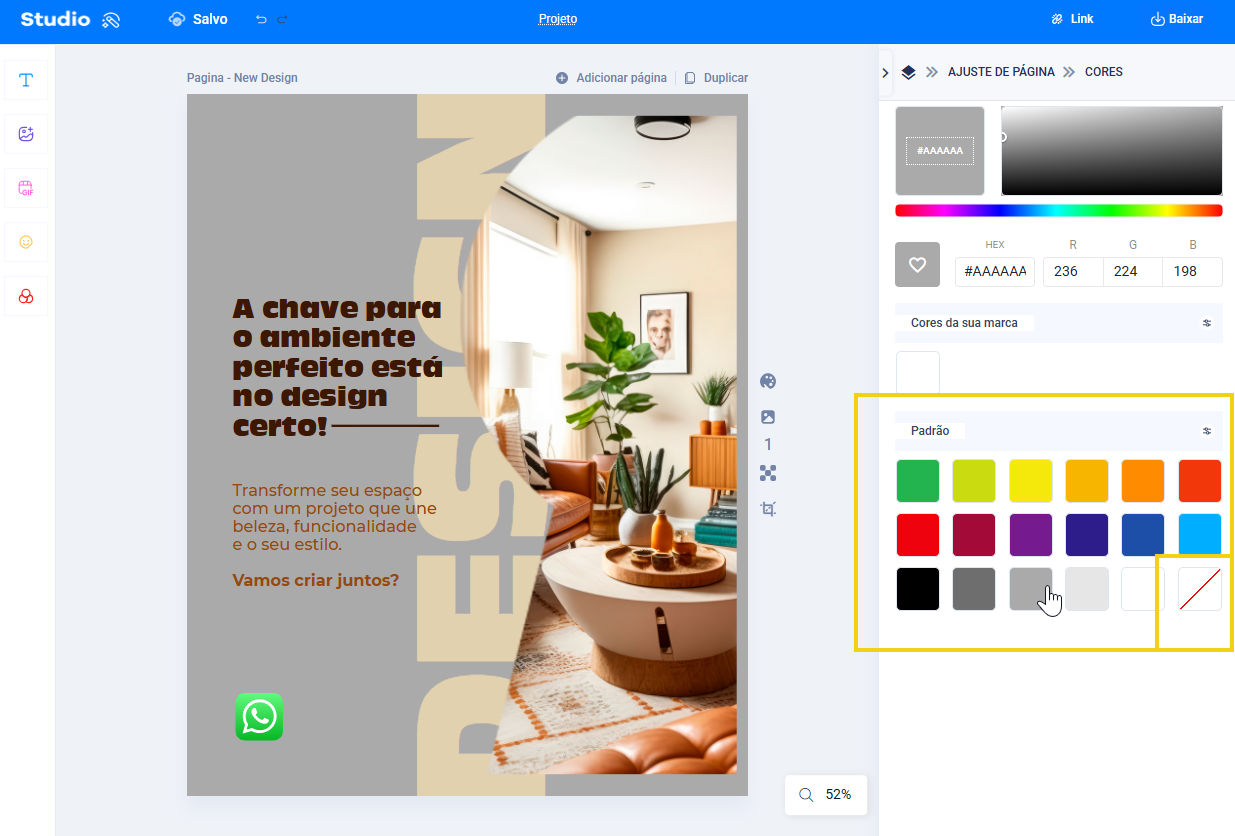 imagem do editor do studio mostrando os ajsutes de página destacando a seleção da cor pelas cores padrão