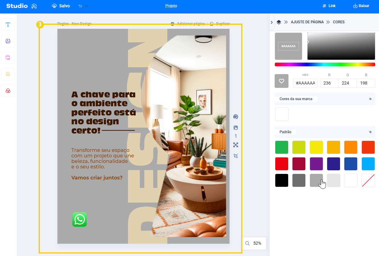 imagem do editor do studio mostrando a cor do fundo do template alterada