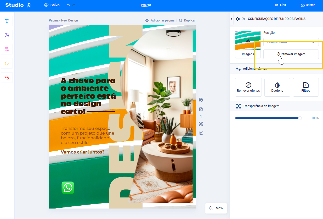 imagem do editor do studio mostrando no template em configurações de fundo da página com deletar a imagem do fundo