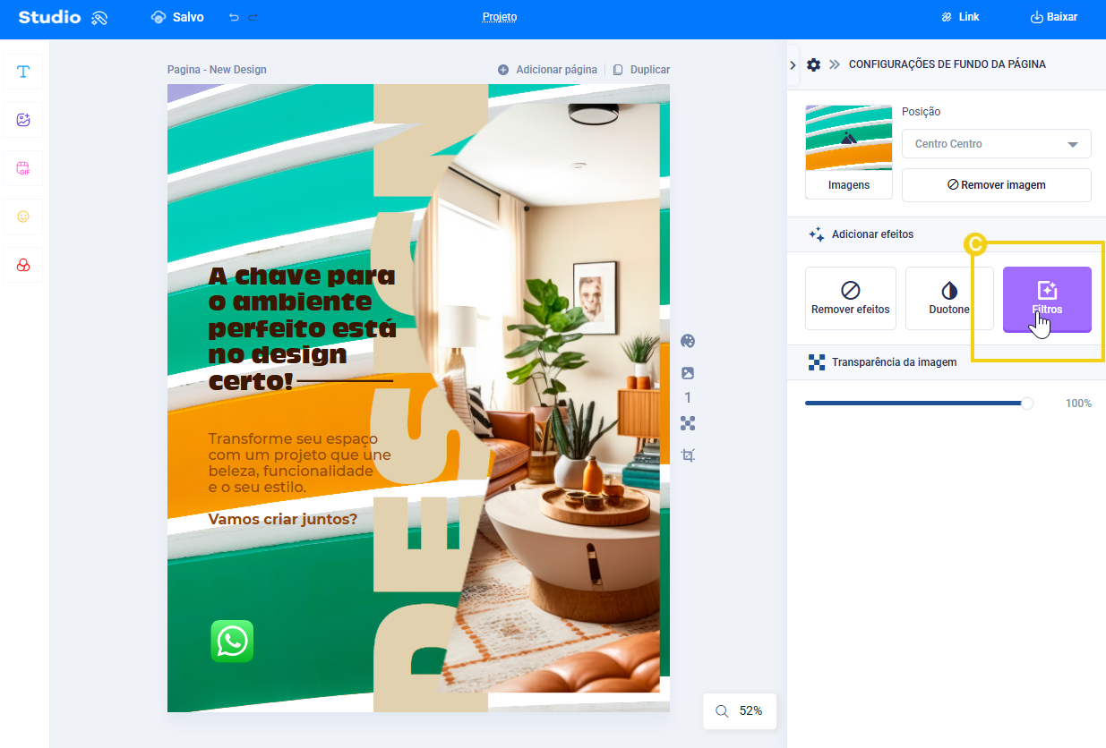 imagem do editor do studio mostrando como adicionar filtros a imagem do fundo do template