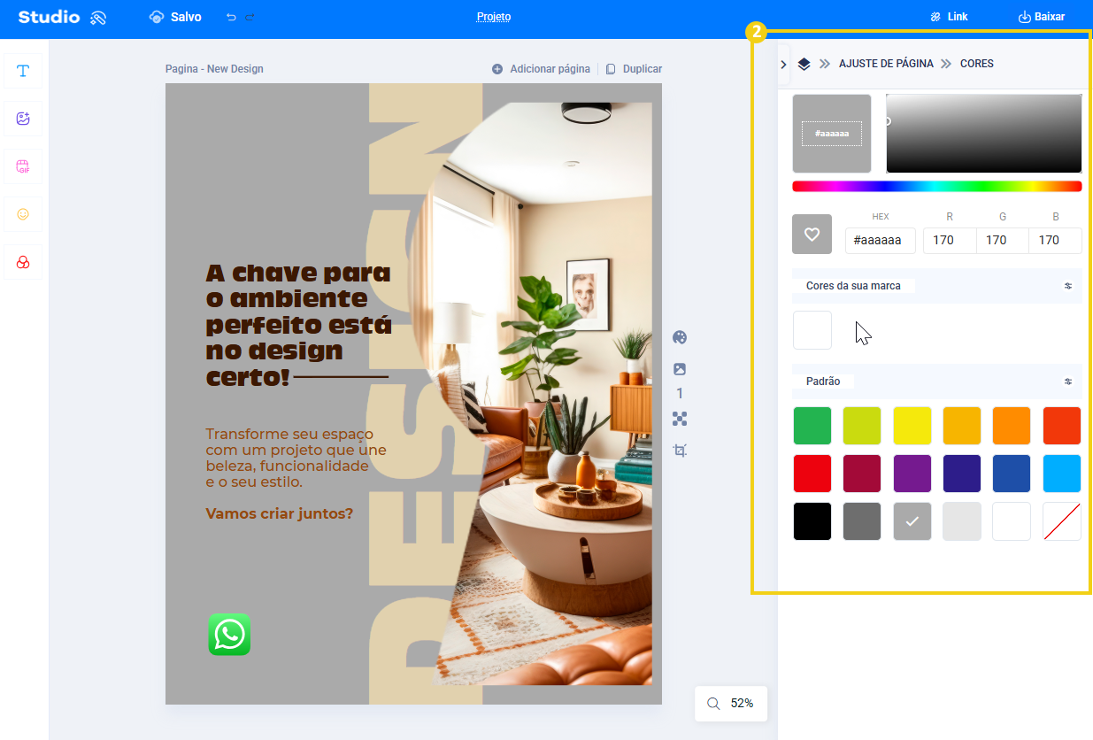 Imagem mostrando o editor do studio destacando as opções de cores para o fundo da página