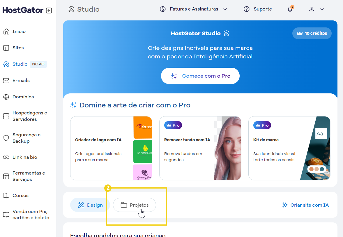 Tela do HostGator Studio mostrando opções de criação de logos com inteligência artificial, remoção de fundos e kits de marca
