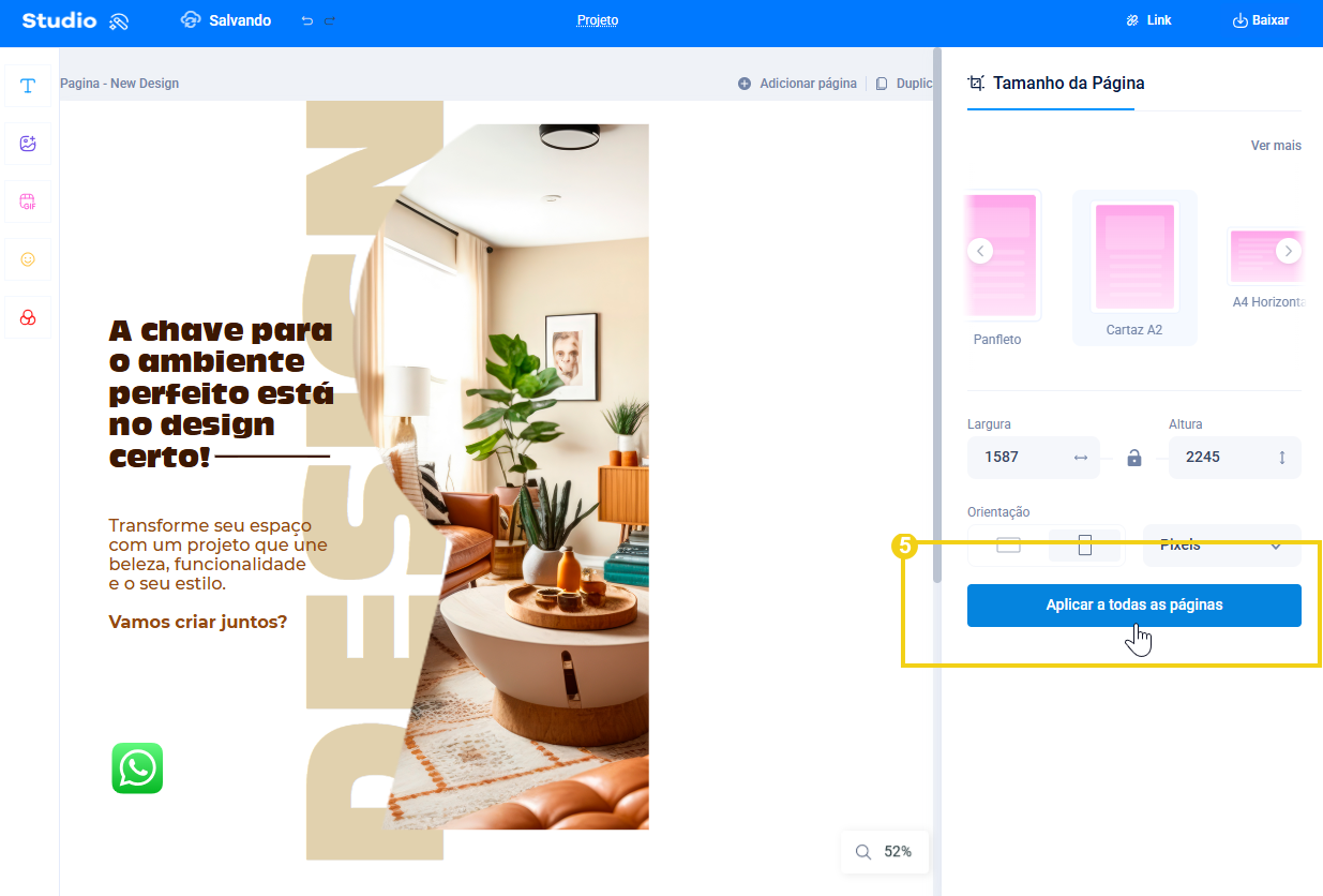 Imagem mostrando no editor do studio o menu do tamanho da página destacando o botão para aplicar as alterações em todas as páginas