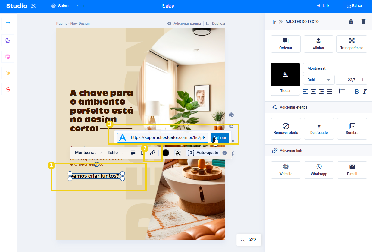 Imagem do editor do studio, mostrando a aplicação de um link no texto
