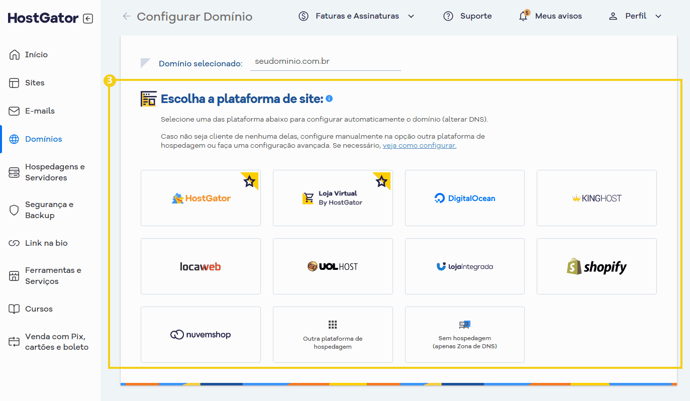Configuração de domínio no painel do HostGator, selecionando plataforma de site para gerenciar o domínio de forma eficiente