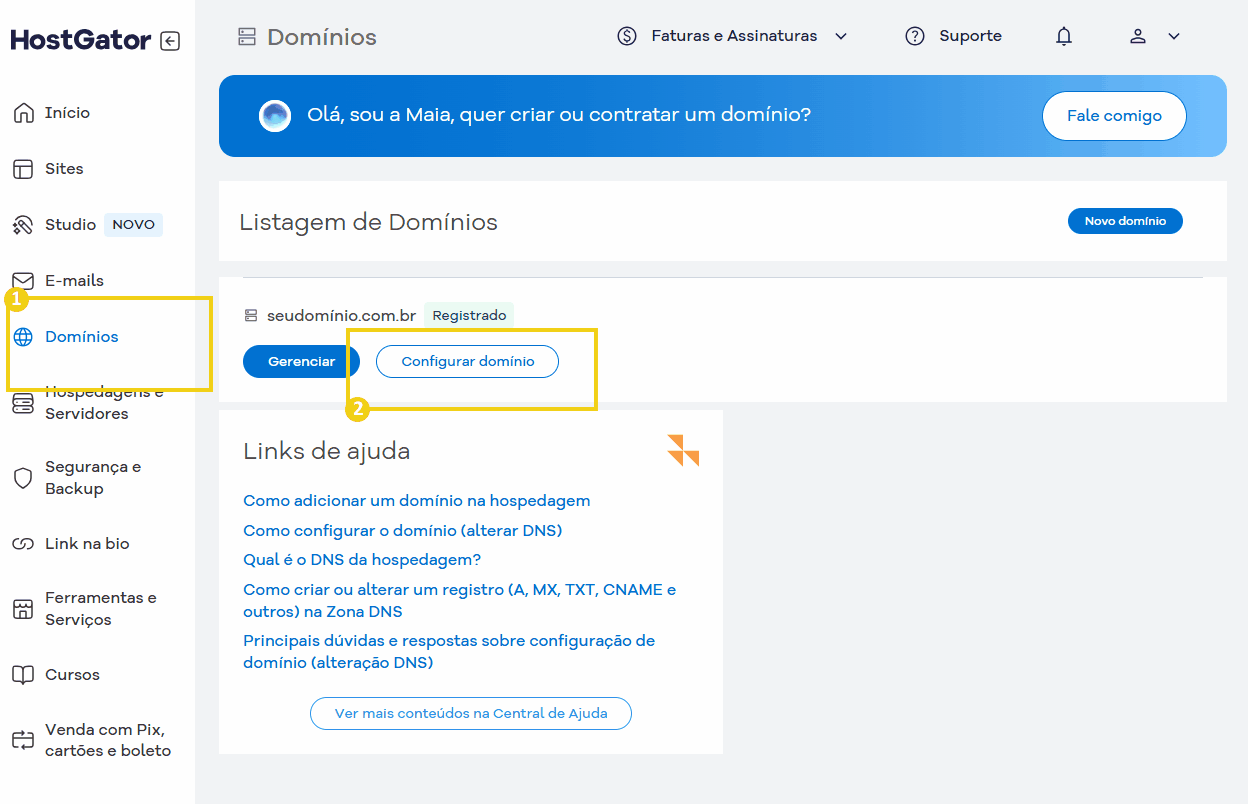 Imagem mostrando a interface do painel do HostGator para gerenciamento e configuração de domínios na conta do usuário, com opções de gerenciamento e configuração de domínio