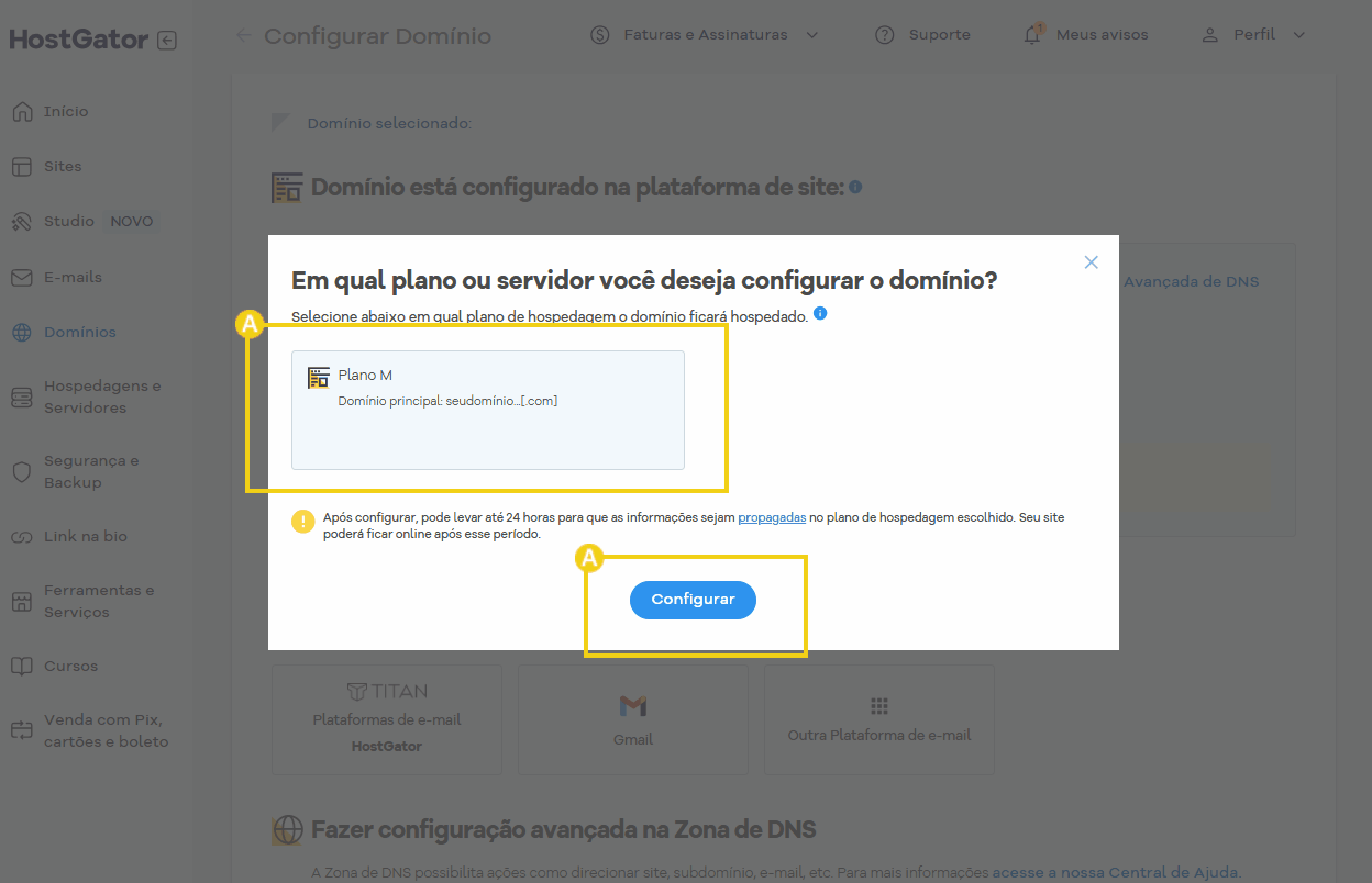 Tela de configuração de domínio no painel do HostGator, mostrando opções para selecionar o plano de hospedagem e configurar o DNS.