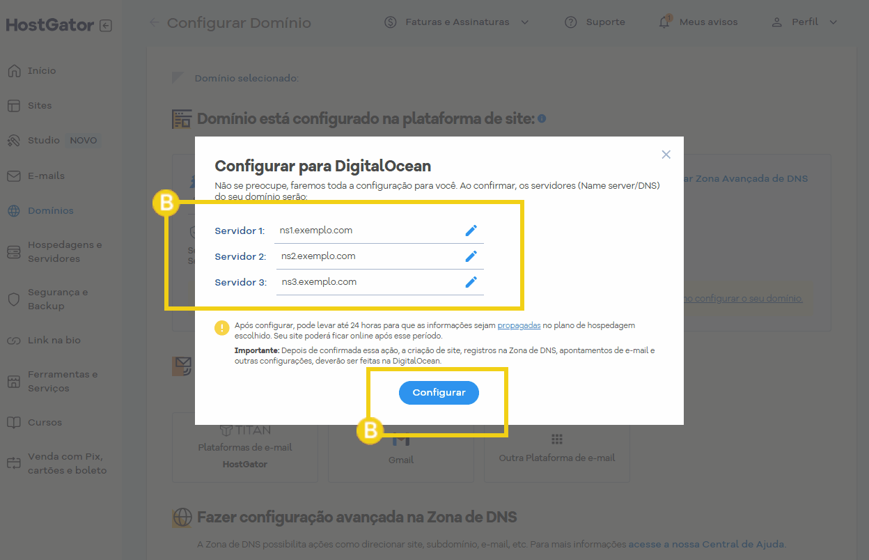 Imagem de uma tela de configuração de domínio na plataforma HostGator, mostrando servidores DNS e opções de configuração para o site DigitalOcean.
