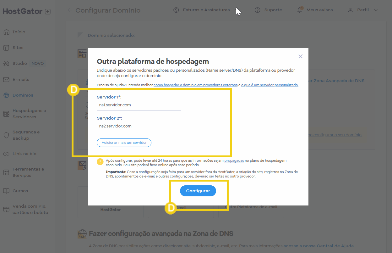 Tela de configuração de servidores de hospedagem na plataforma HostGator, mostrando campos para inserir servidores primários e secundários.