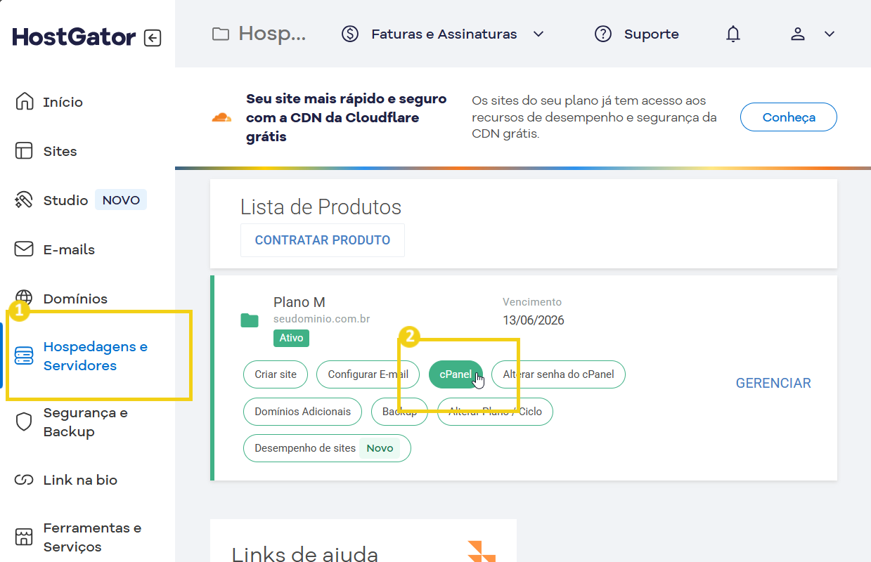 Captura de tela do painel de controle do HostGator com foco na seção de hospedagens e servidores, destacando o botão 'cPanel' em destaque. A imagem mostra uma interface de gerenciamento de sites, destacando opções de configuração.