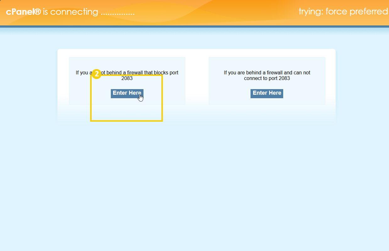 Tela de configuração do cPanel mostrando opções de conexão, incluindo configuração de firewall e porta 2083, com opções de entrar aqui.