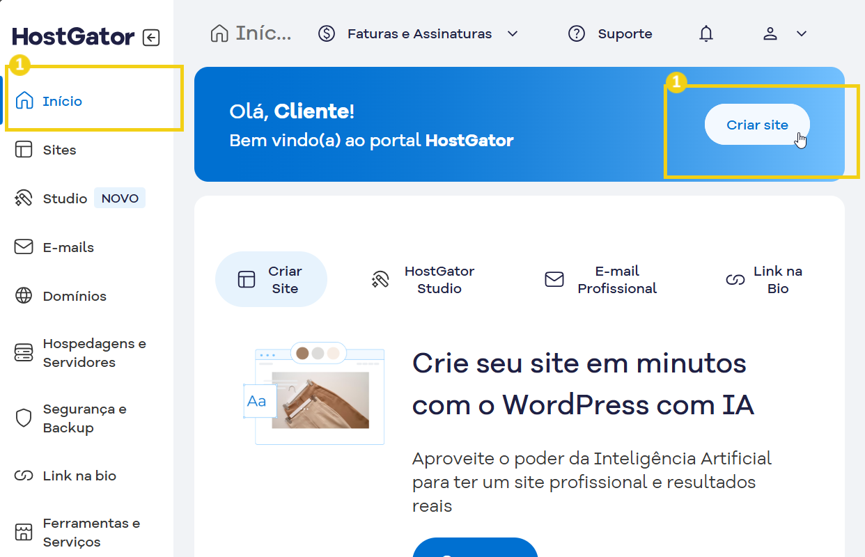 Tela do portal HostGator mostrando opções de criação de sites, incluindo botão “Criar site” destacado em azul, com destaque para a facilidade de criar um site em minutos usando WordPress