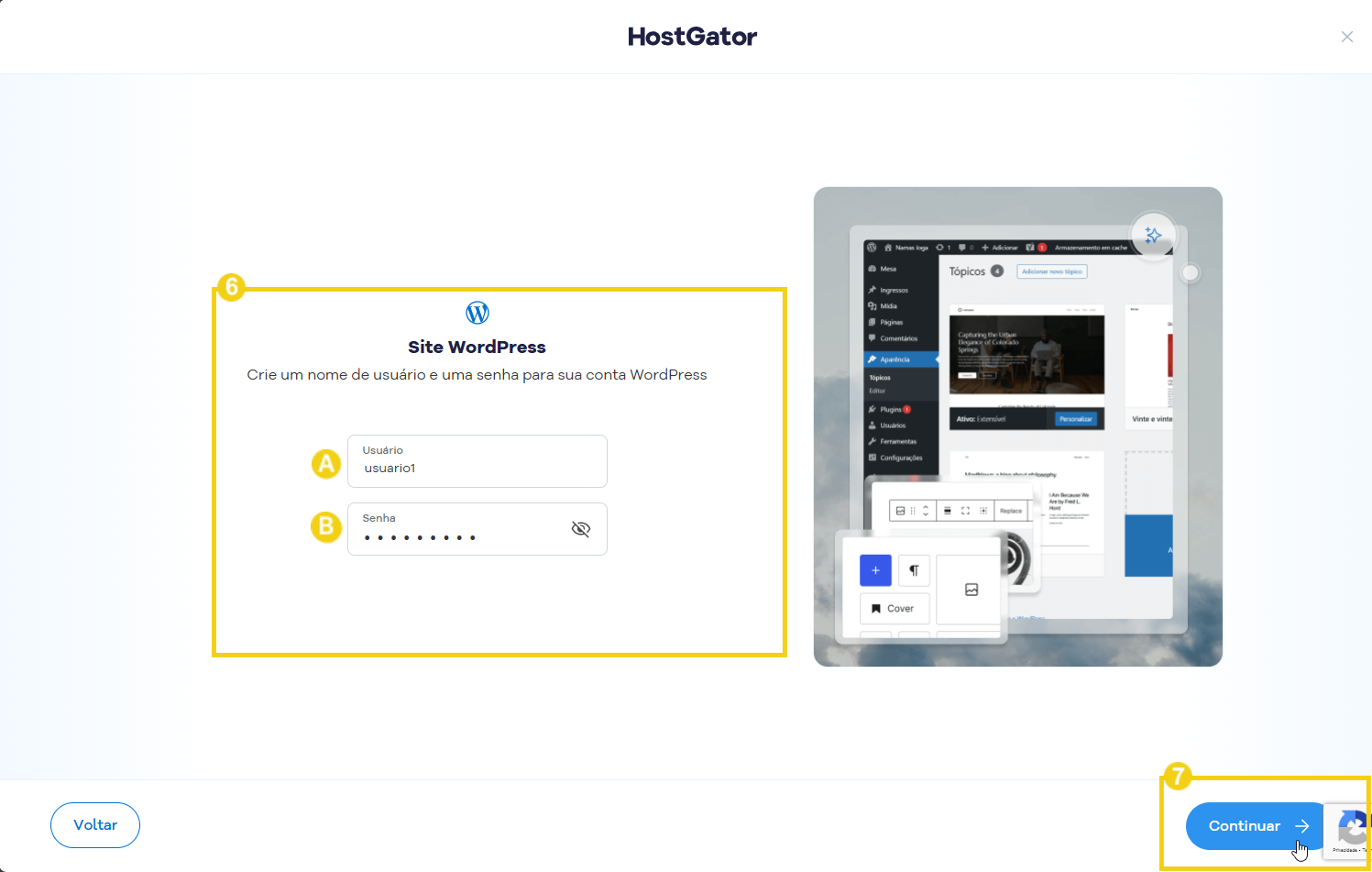 Tela de cadastro de usuário em site WordPress com destaque para o campo de nome de usuário e senha, com interface de edição de site, além de botão para continuar. 