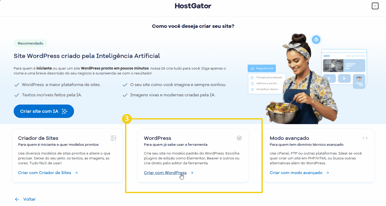 Mulher sorridente cozinhando com um avental, representando as opções de criação de um site, incluindo o wordpress com ou sem IA