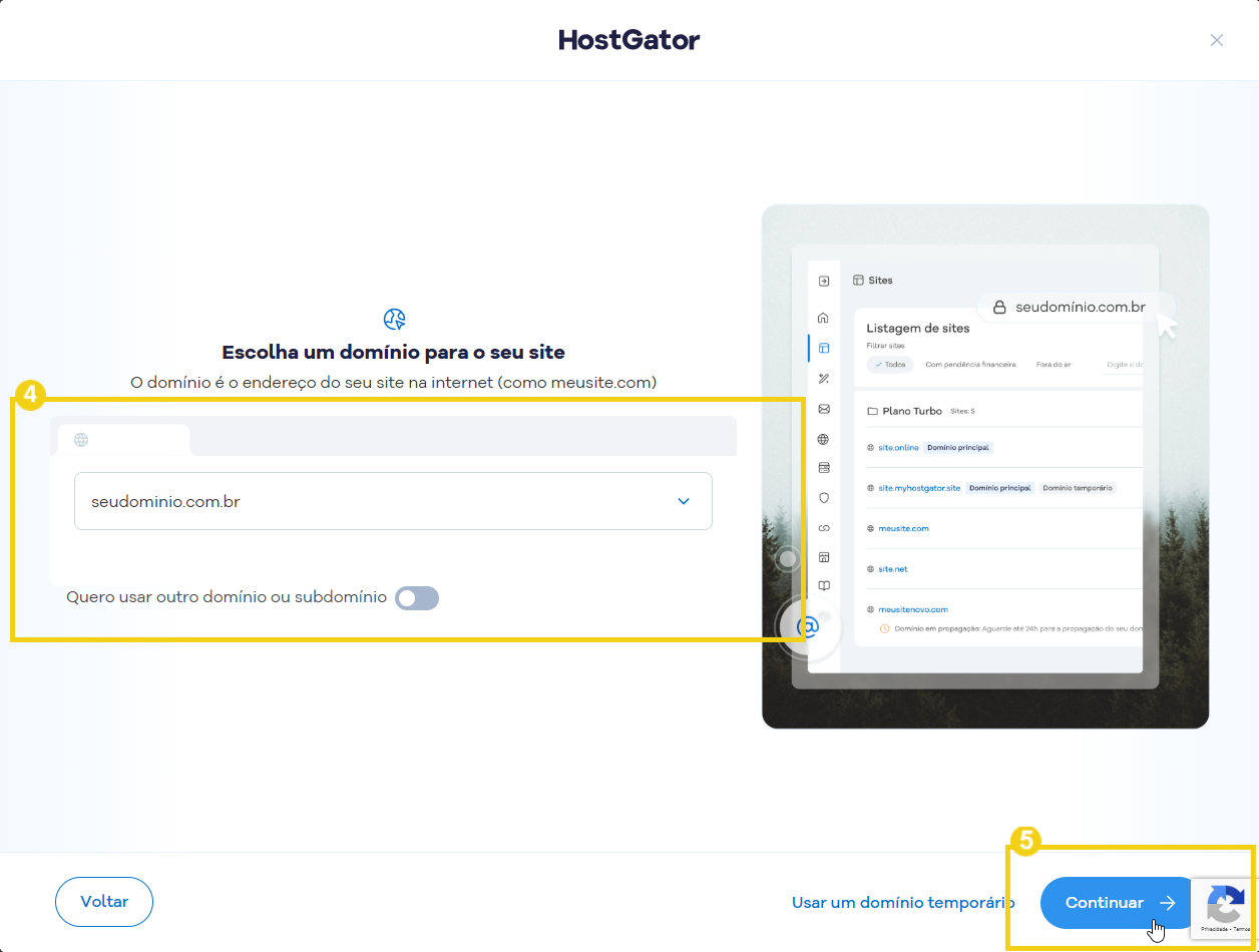 Captura de tela de uma plataforma de criação de sites na HostGator, com a opção de escolher e registrar domínios, destacando a funcionalidade de domínio para site.