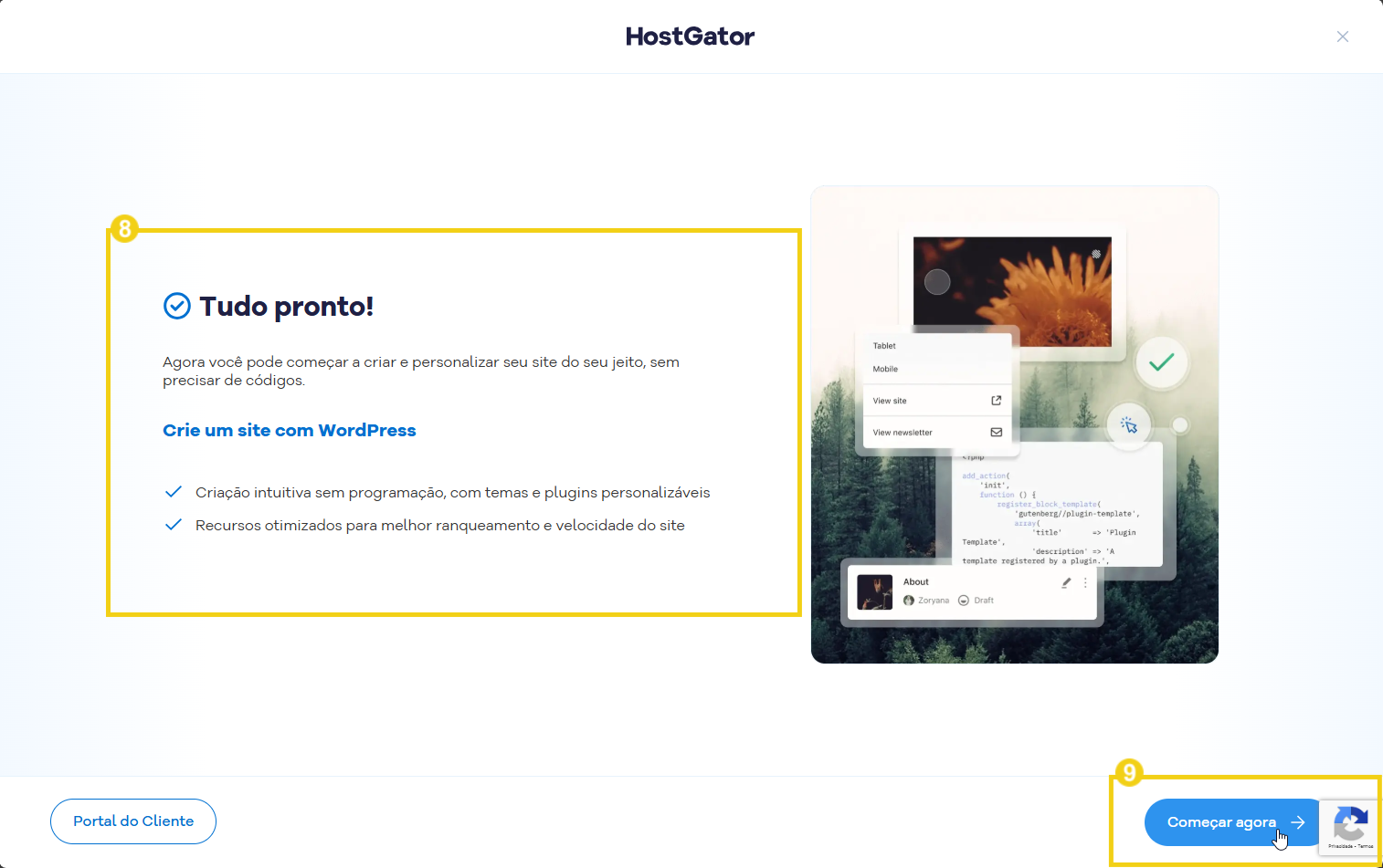 Imagem demonstrando painel de conclusão da HostGator para criar e personalizar sites com WordPress, destacando recursos de criação de sites e otimização. 