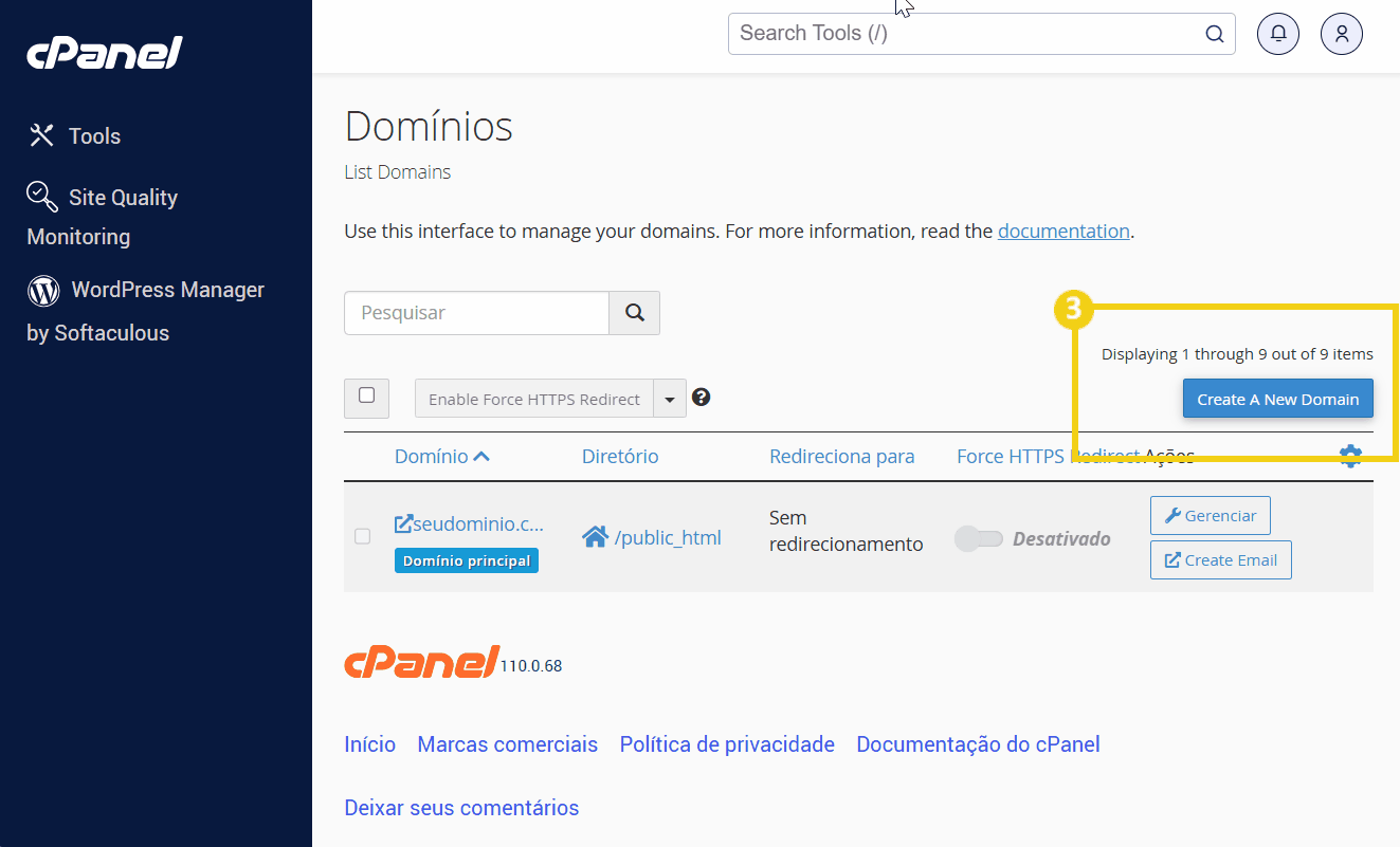 Tela do painel de controle do cPanel mostrando opções de gerenciamento de domínios, incluindo a criação de novos domínios