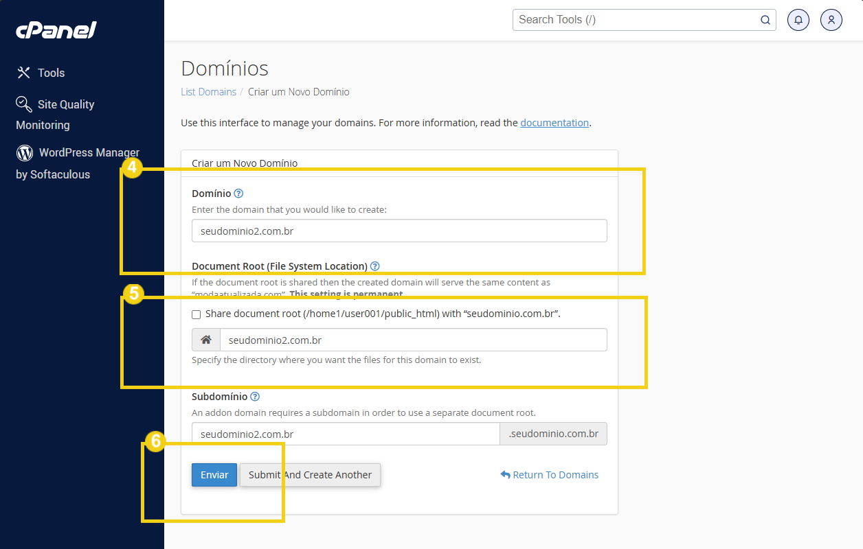 Tela de configurações de domínio no painel de controle do cPanel, mostrando campos para criar e gerenciar um domínio, incluindo domínio, raiz do documento e subdomínio
