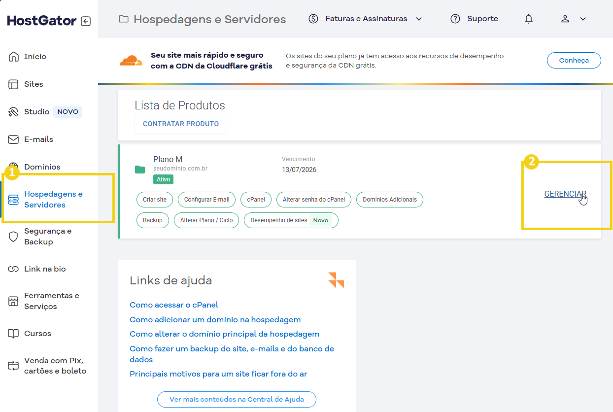 Imagem da plataforma HostGator mostrando menu de hospedagem e gerenciamento de domínios, com destaque na seção “Hospedagens e Servidores” e botão “Gerenciar"